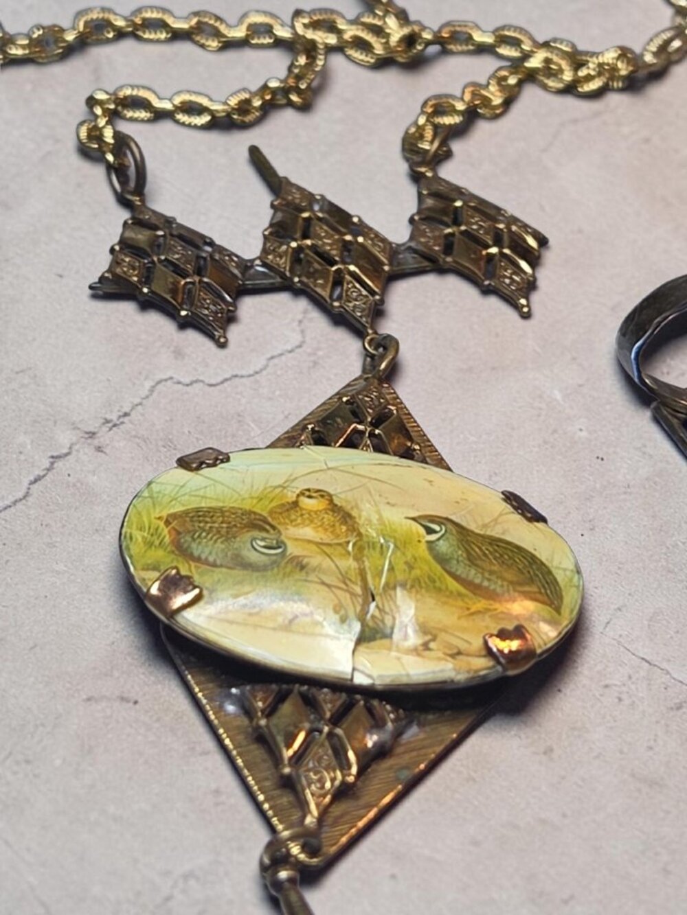 Antique Victorian Celluloid Quail Bird Pendant Necklace Brass Filigree 22" AS IS - Picture 5 of 15